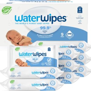 WaterWipes Plastic-Free Original-baby Wipes, 99.9% Water Based Wipes, Unscented & Hypoallergenic for Sensitive Skin, 60 Count (Pack of 9) Total 540 wipes, Packaging May Vary